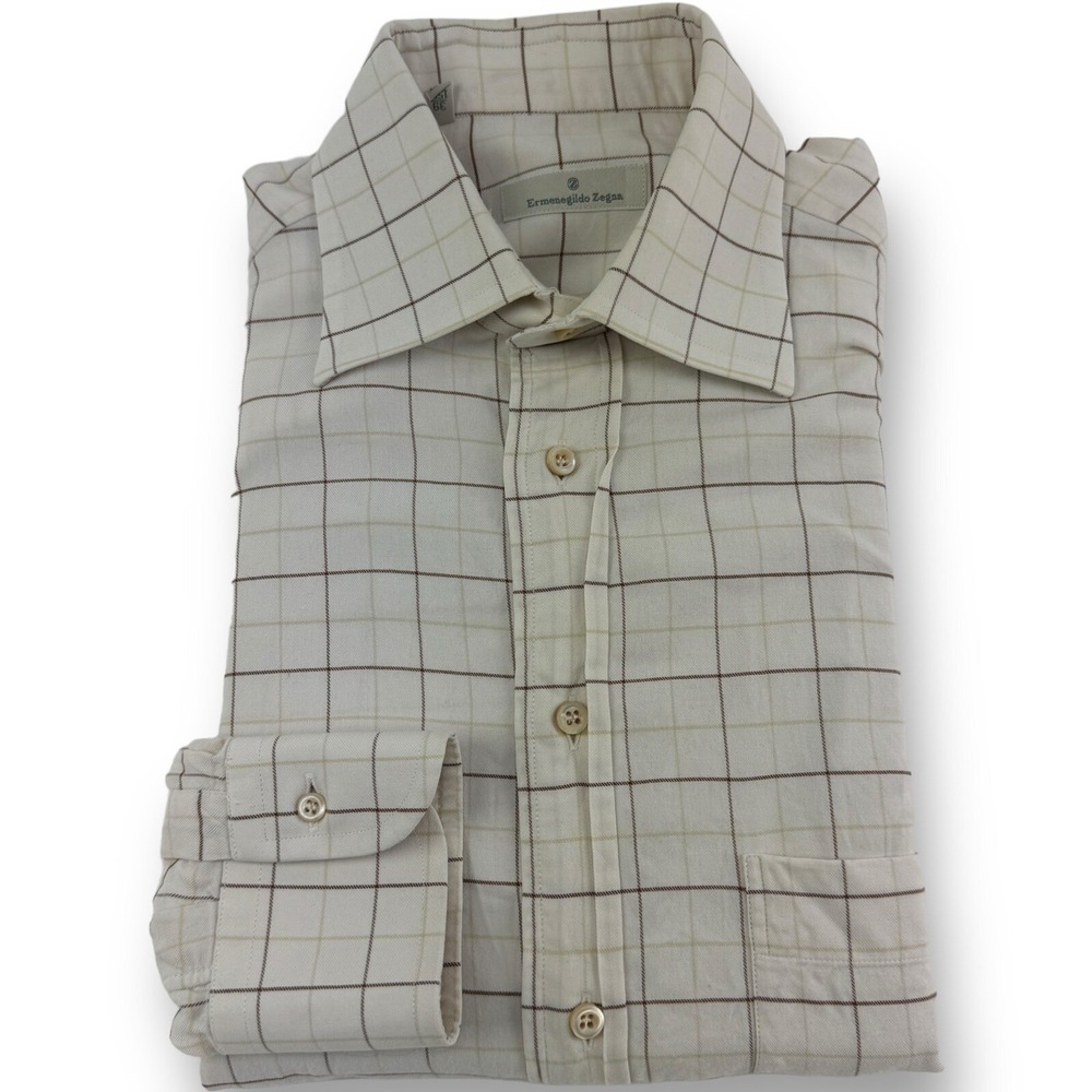 Ermenegildo Zegna White w/ Brown Windowpane Check Rayon Button Up Size 39/15.5